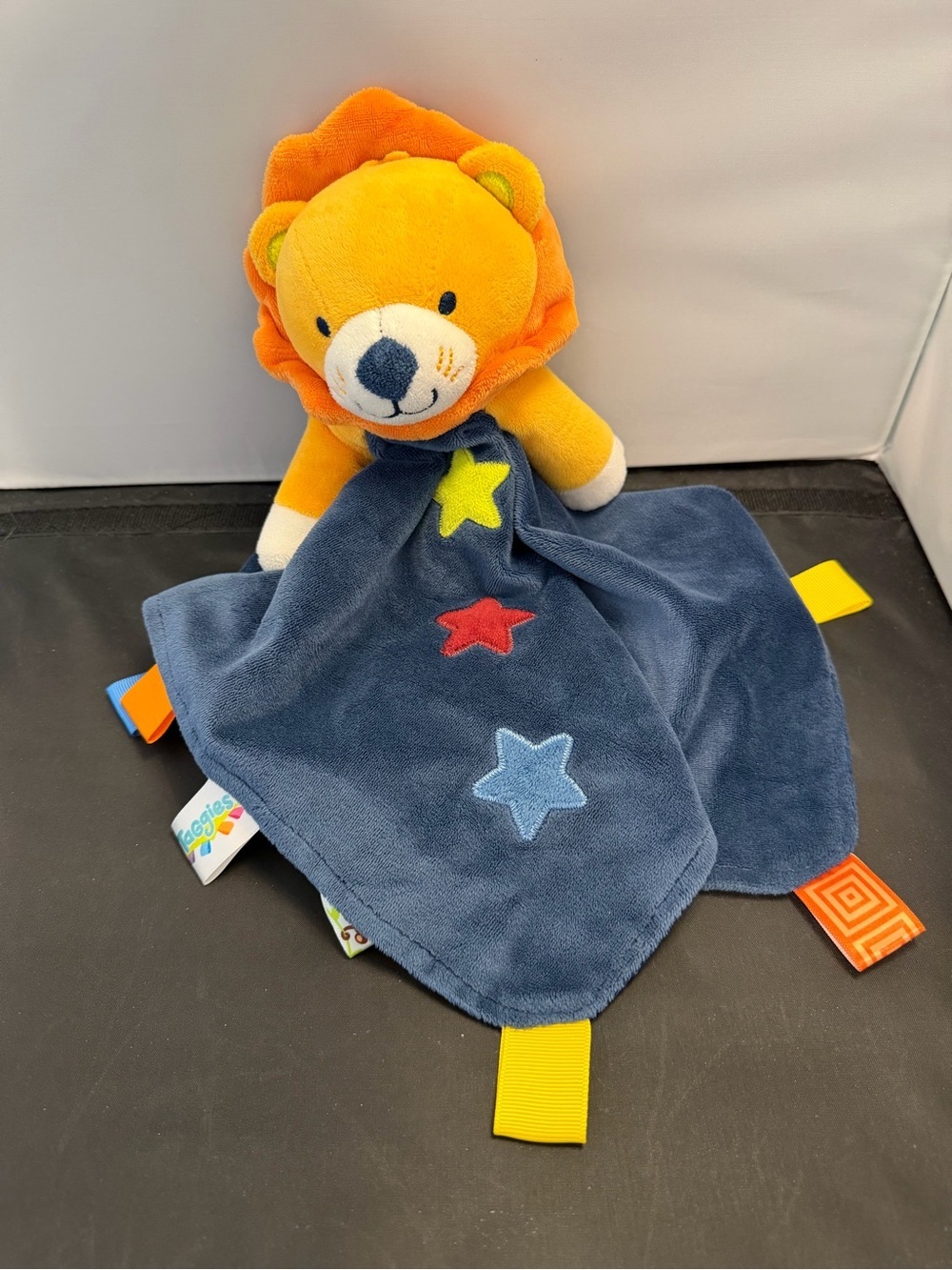 Taggies LION Rattle Security Blanket Rattle Plush Stars Orange Navy Blue Lovey